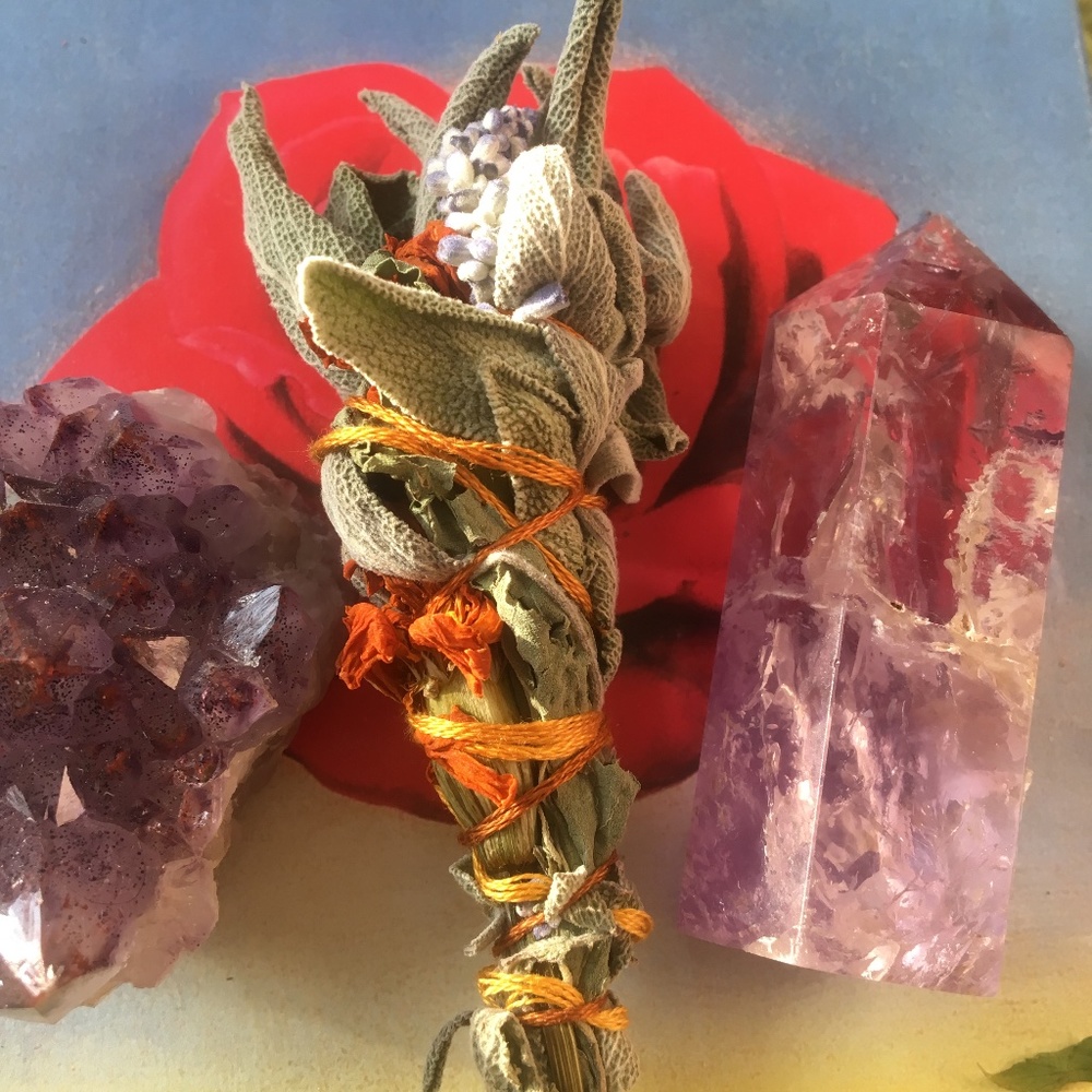 Mabon botanical wand- sage and marigolds for smoke cleansing- organic handmade